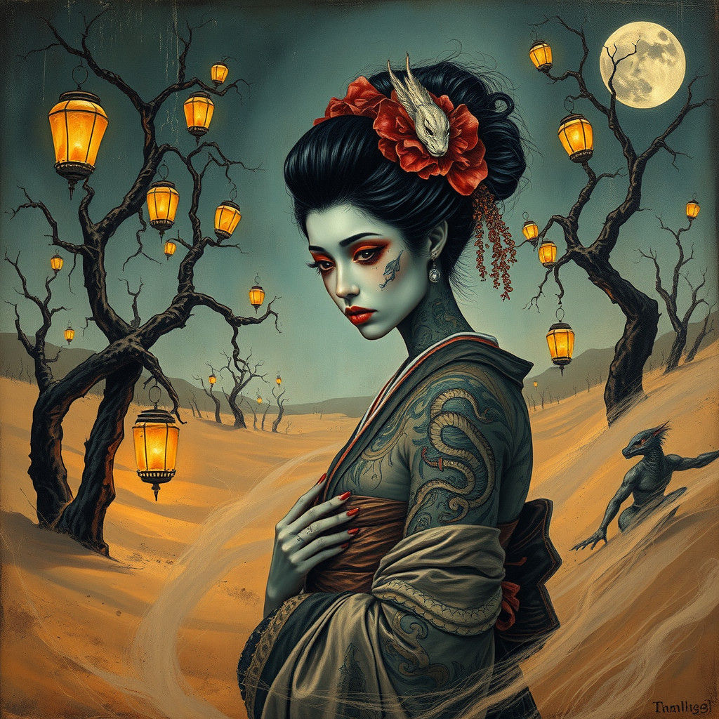 Geisha in Desert with Ethereal Tattoos