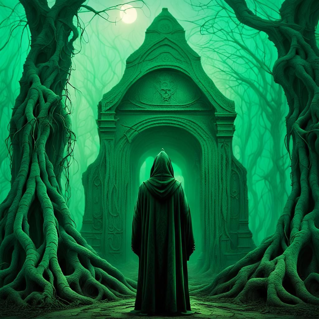Eerie Figure at Ancient Shrine in Dark Surrealism