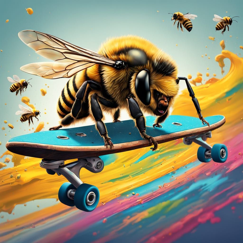 Hyperrealistic Bees in Action on a Skateboard