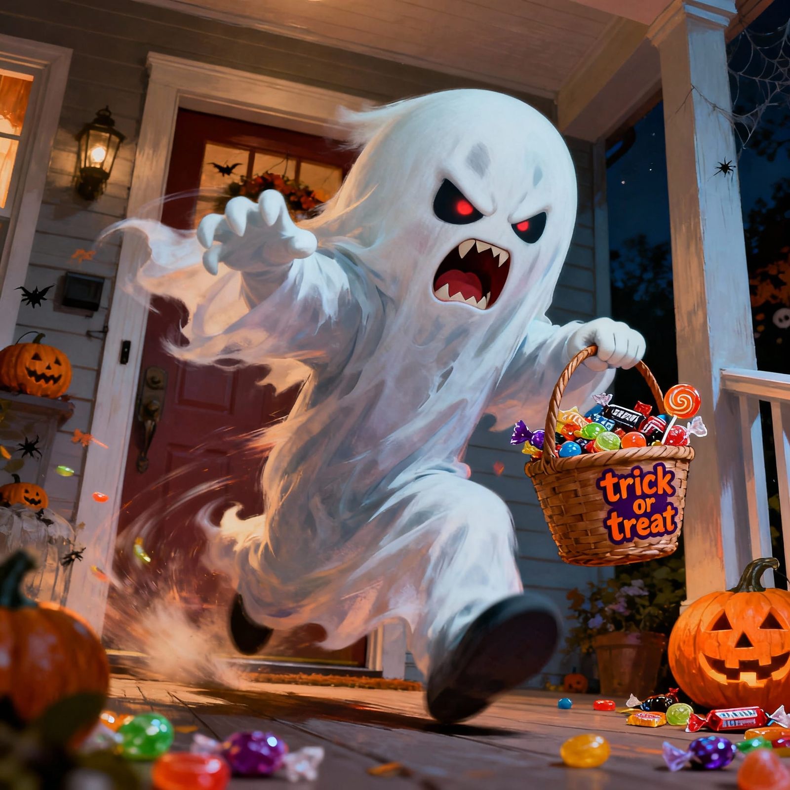 Aggressive Chibi Ghost Charging with Candy Basket