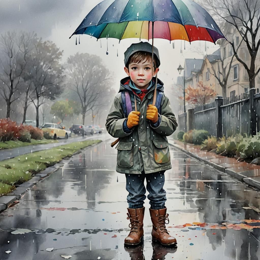 Boy with Umbrella: Whimsical Watercolor Illustration