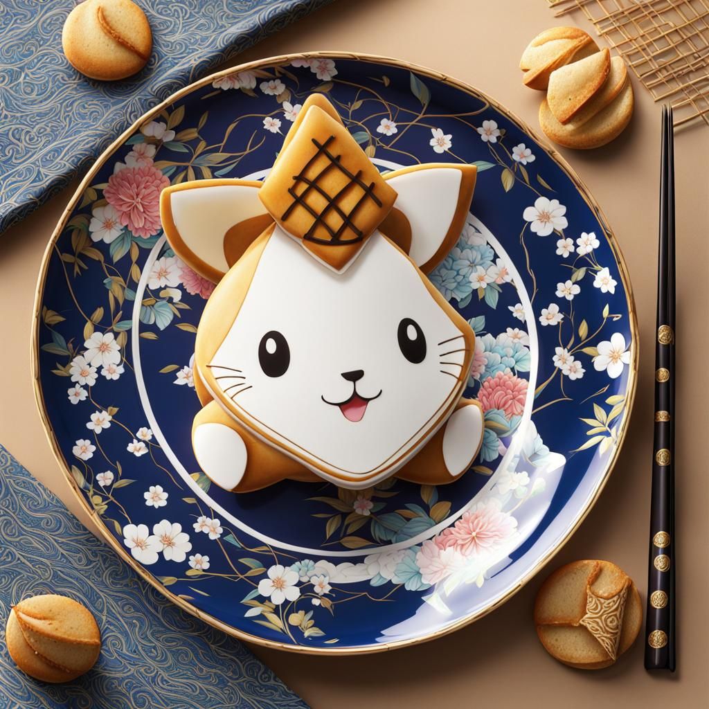 Fortune Cookie on Willow Plate in Anime Style