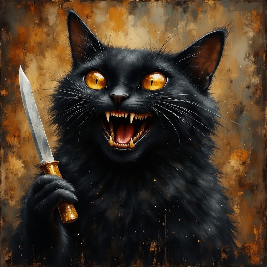 Funny Black Cat Smiling Maniacally with Knife