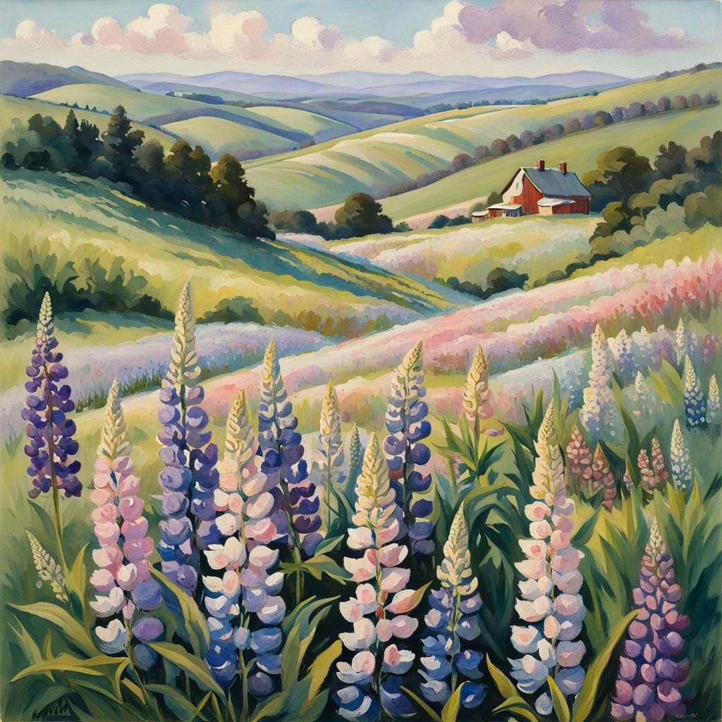 Lupins Field in Pastel Gouache Impressionism