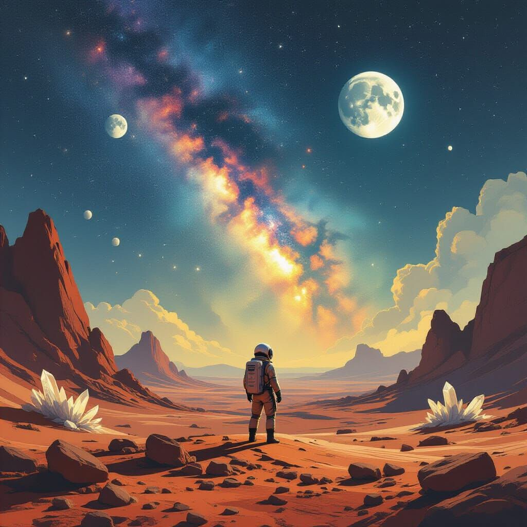 Astronaut on Alien Planet Gazing at Nebula Sky