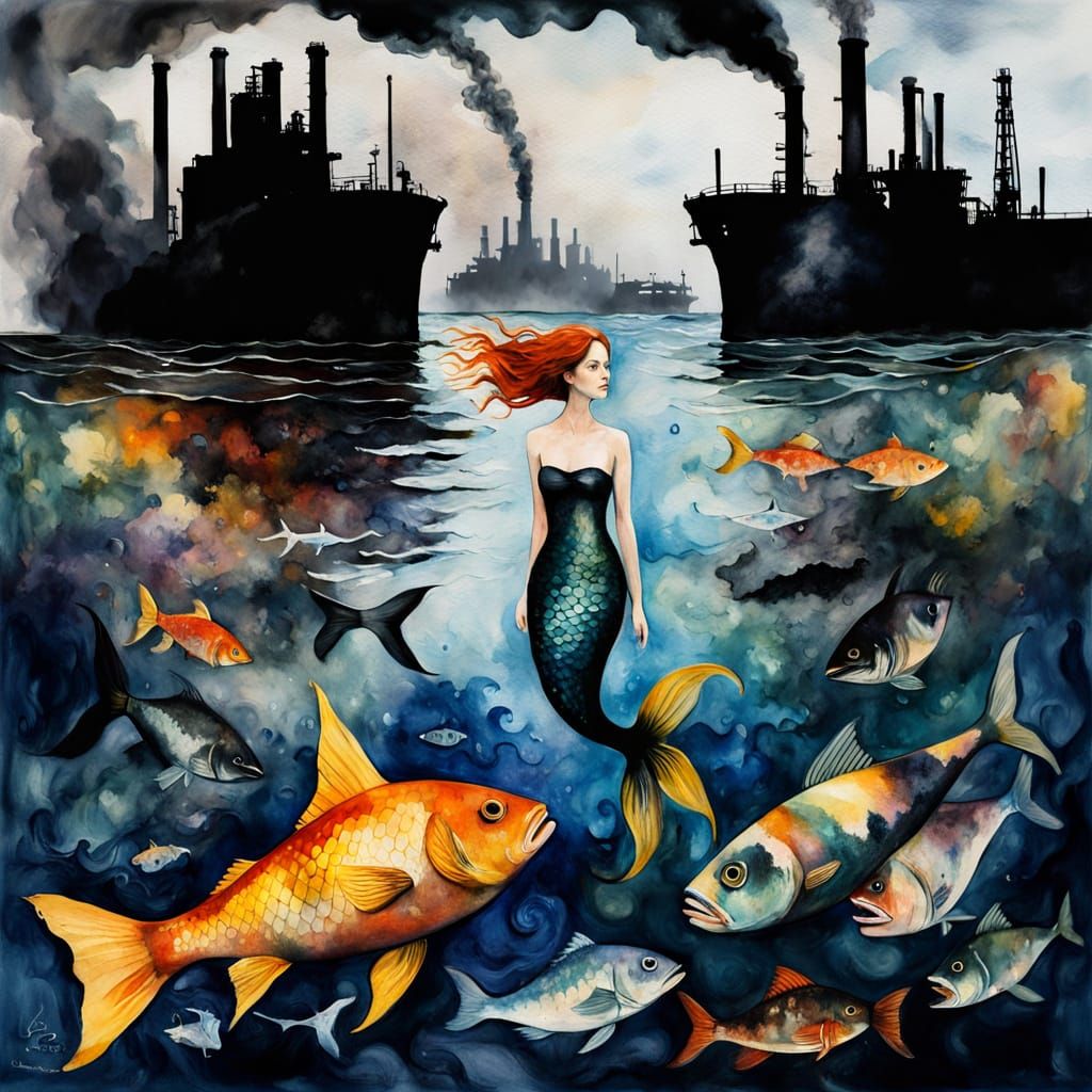 Sad Mermaid in a Polluted Sea, in a Watercolor Double Exposu...