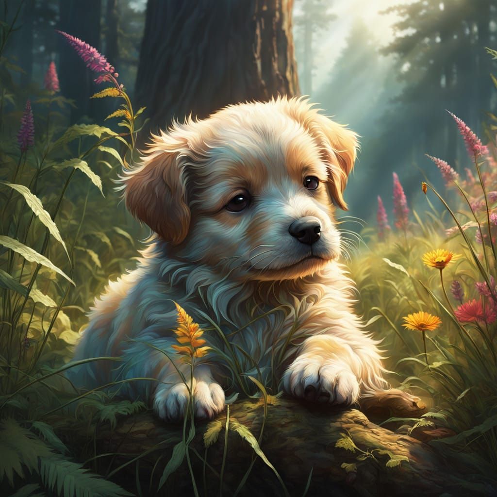 Hyperrealistic Puppy in Idyllic Meadow Scene