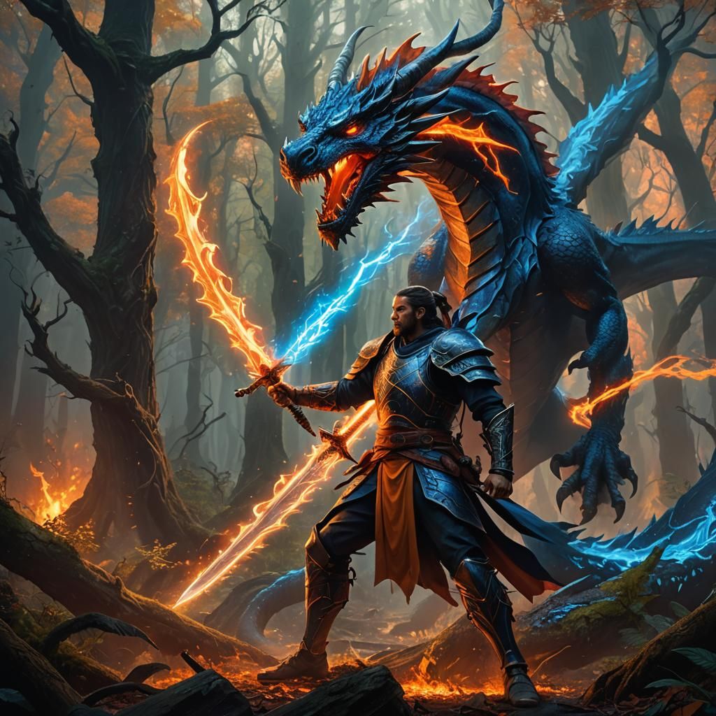 Epic Fantasy Warrior Battles Fiery Dragon in Ancient Forest