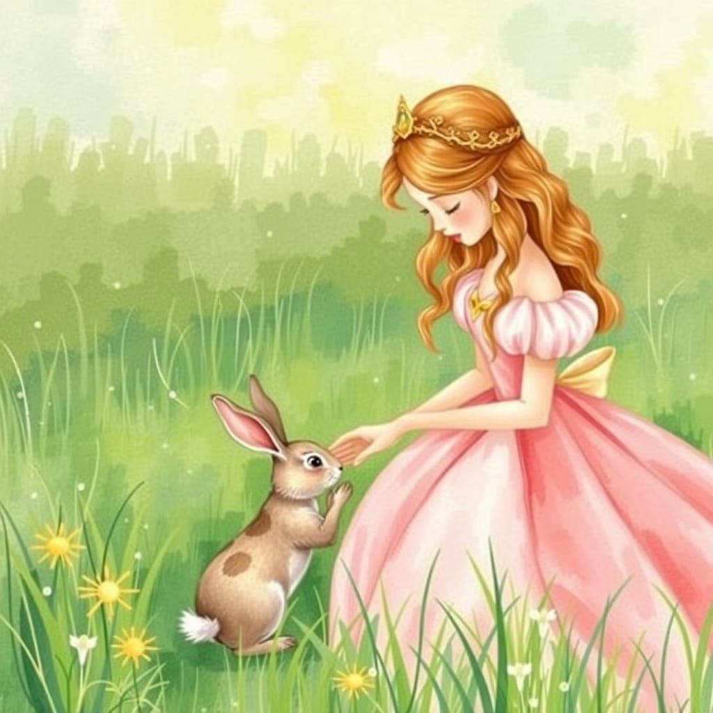 Princess Feeding Rabbit in Whimsical Watercolor Style