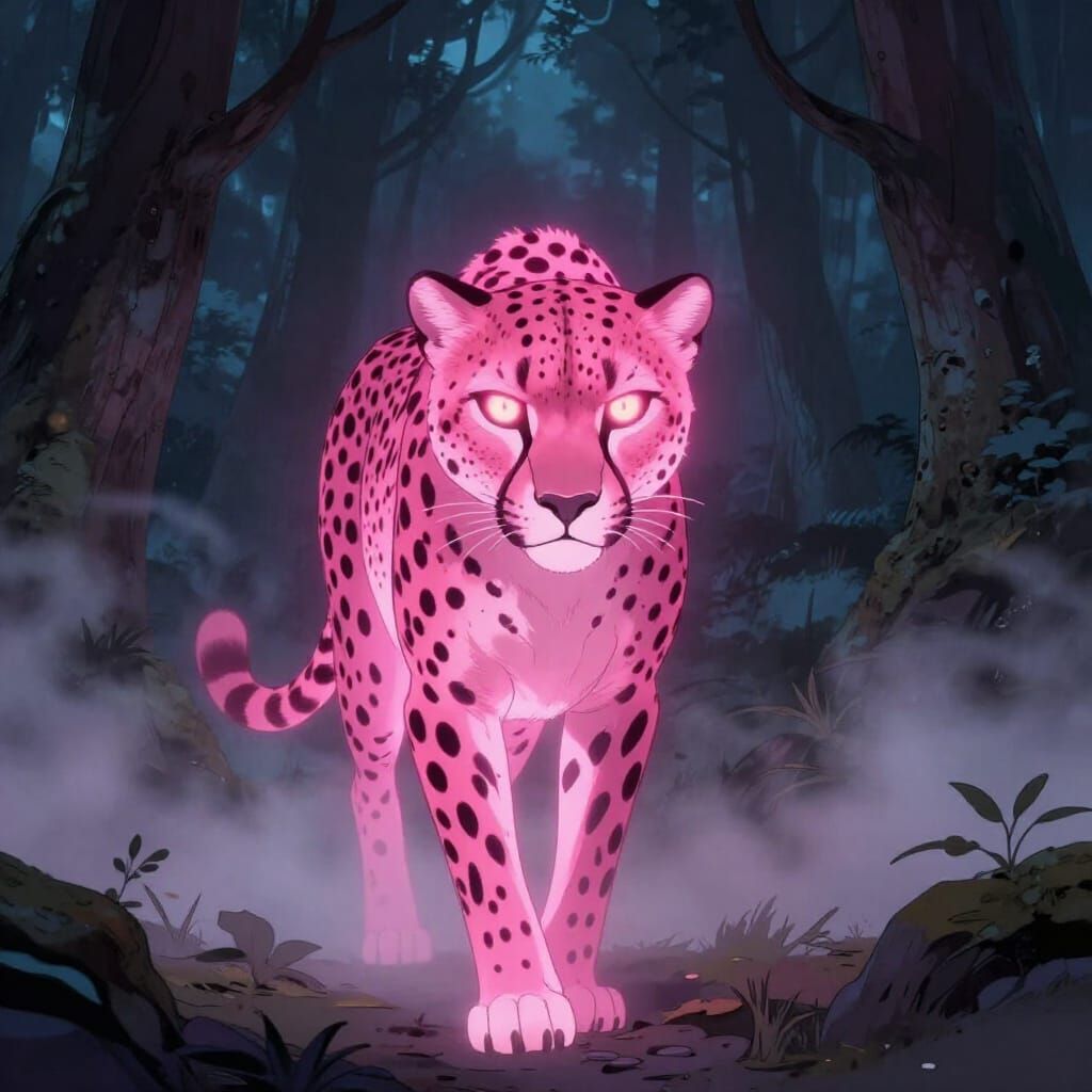 Pink Cheetah with Glowing Eyes in Foggy Forest