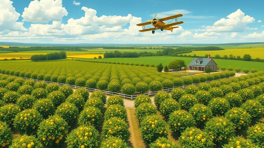 Bird's-Eye View of Lemon Orchard in Gouache Style