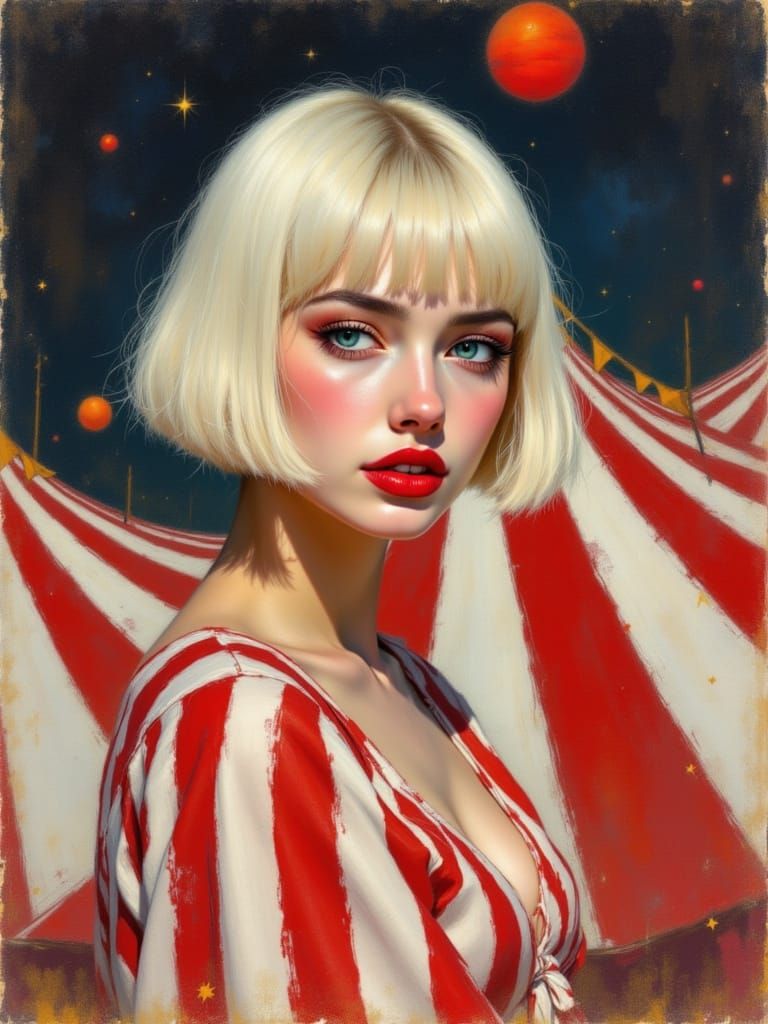 Woman with Red Lips and Striped Outfit in Cosmic Carnival