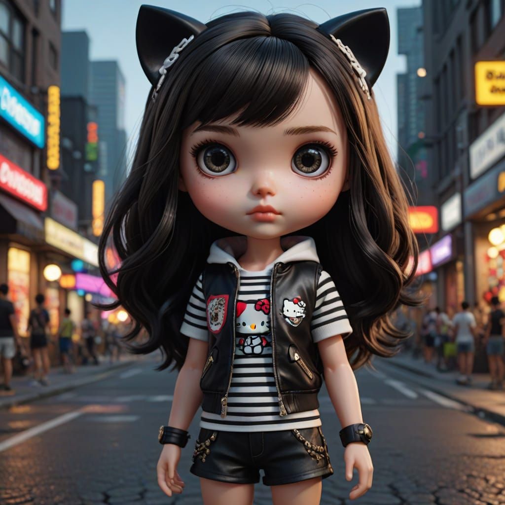 Epic 3D Portrait of Mini Blythe Doll in Cyberpunk Attire