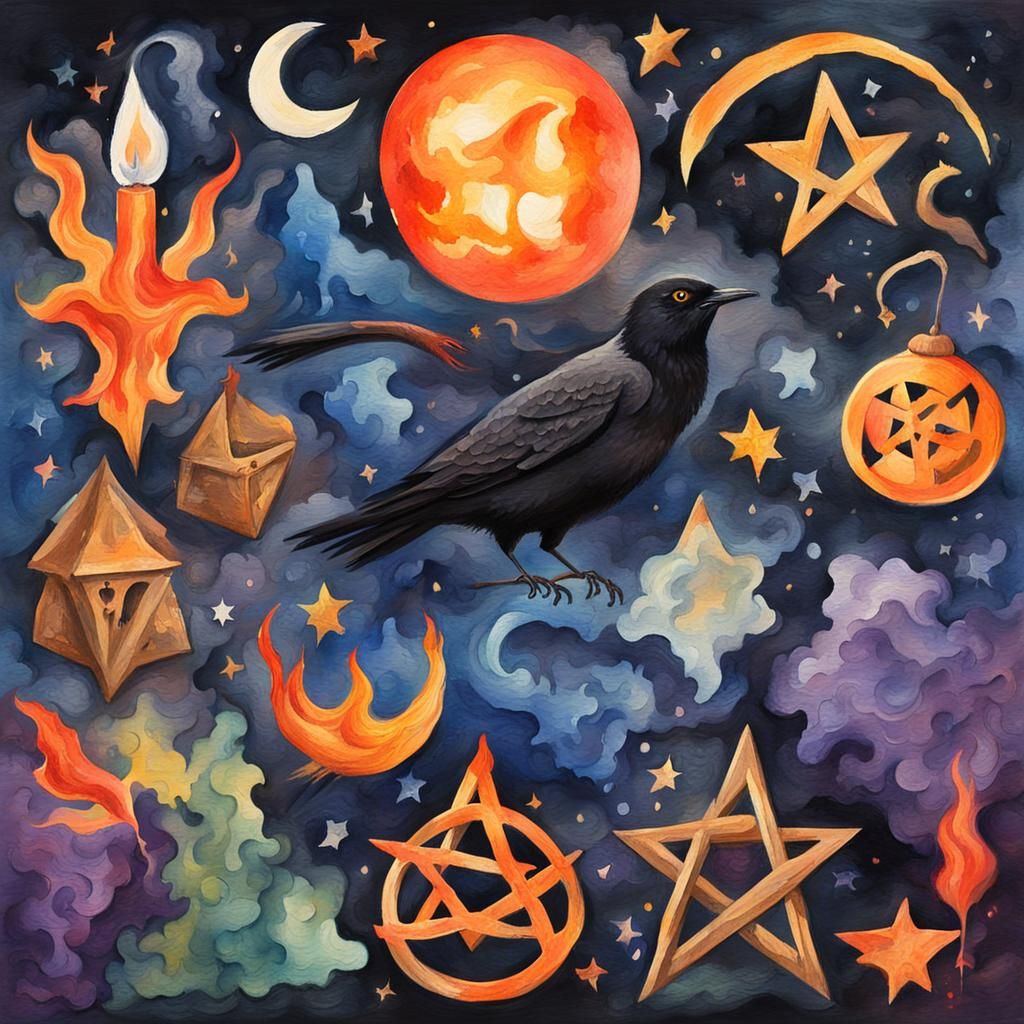 Witchcraft Symbols in Gouache Watercolor Style