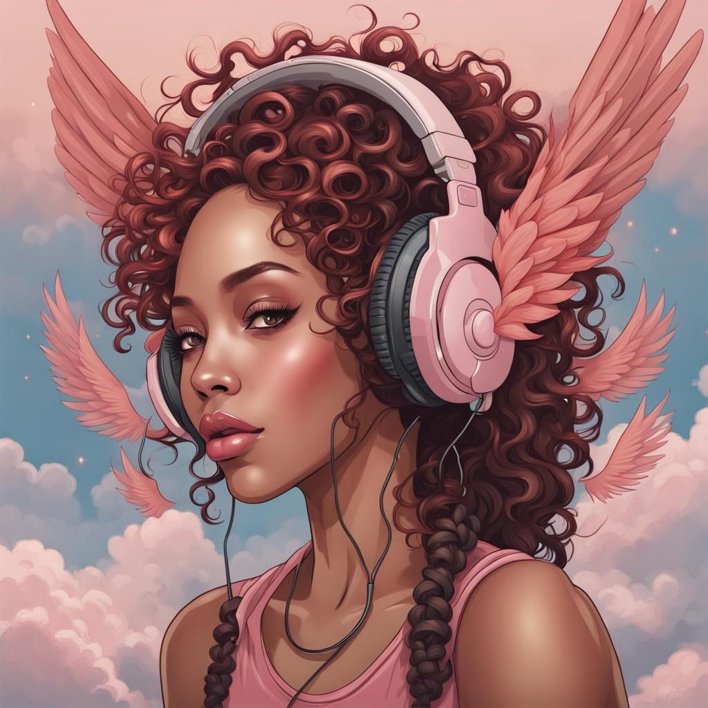 Woman with Pink Hair and Winged Headphones