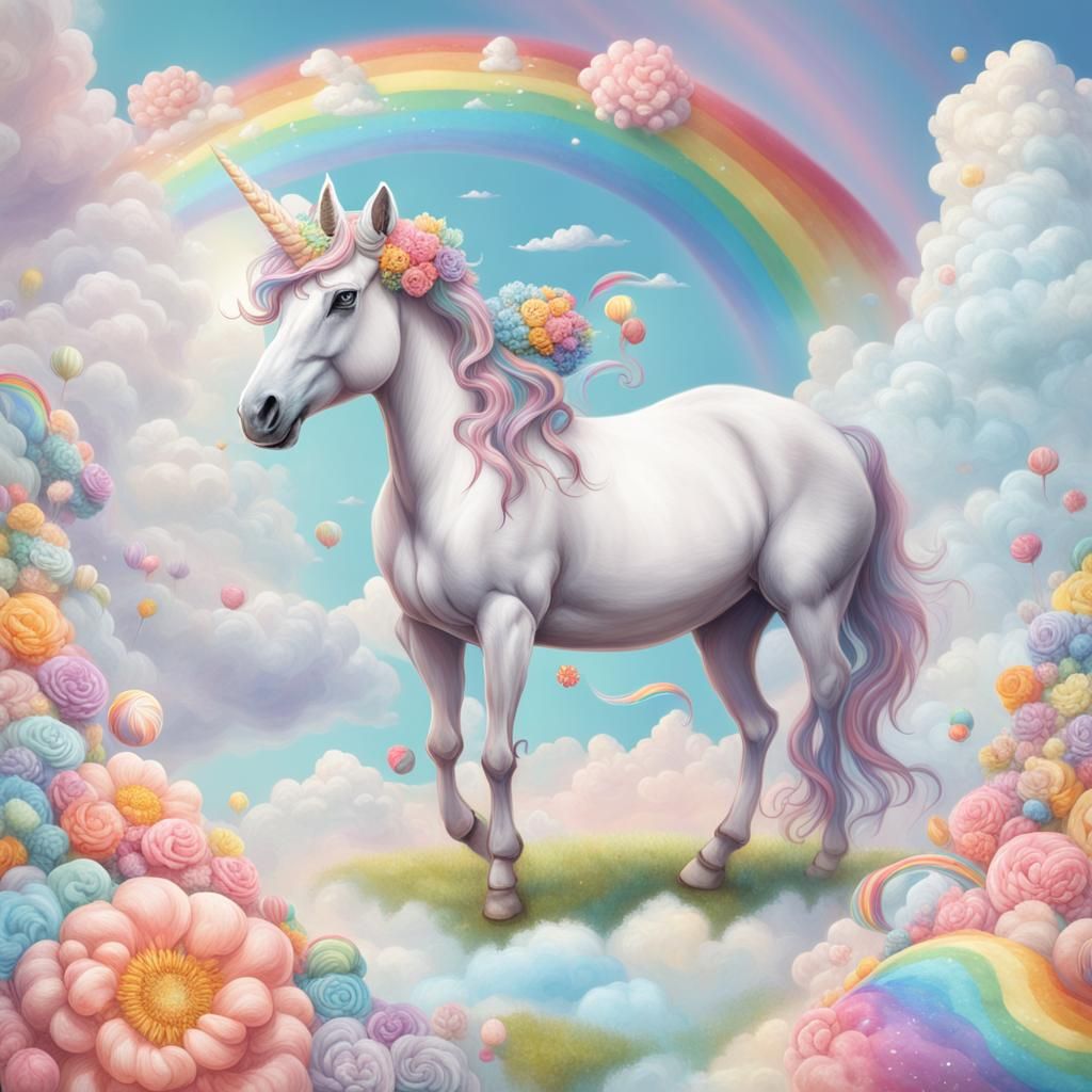 Pastel Unicorn with Flowers in Candyland Style