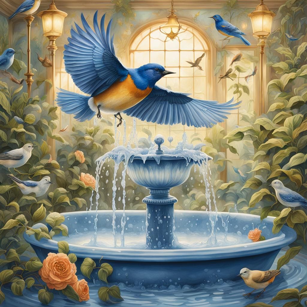 Blue Bird Bathing: Photorealistic Garden Scene