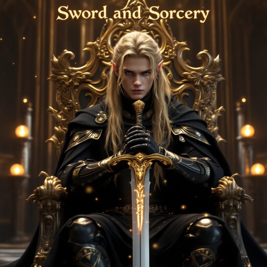 Ethereal Elf Lord in Regal, Golden-Throne Scene