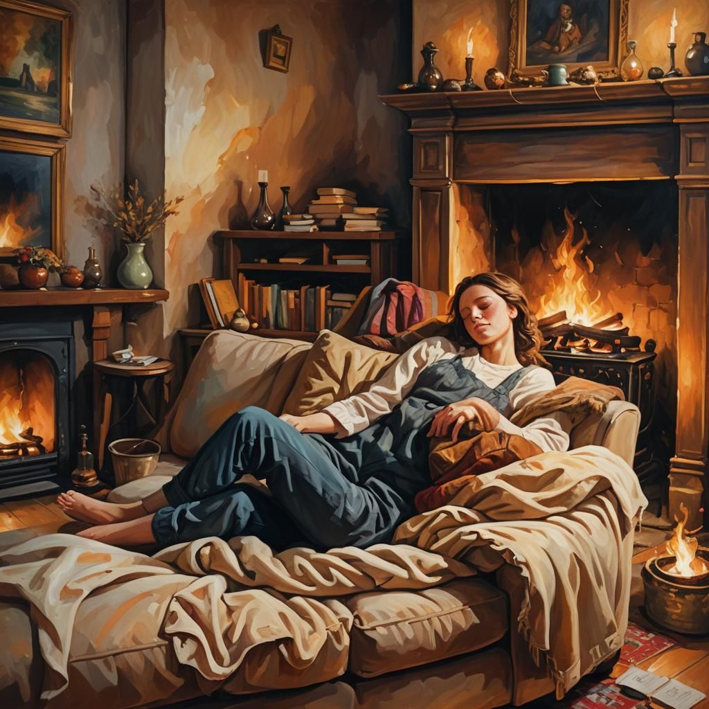 Cozy Interior: Whimsical Oil Painting of Sleeping Person