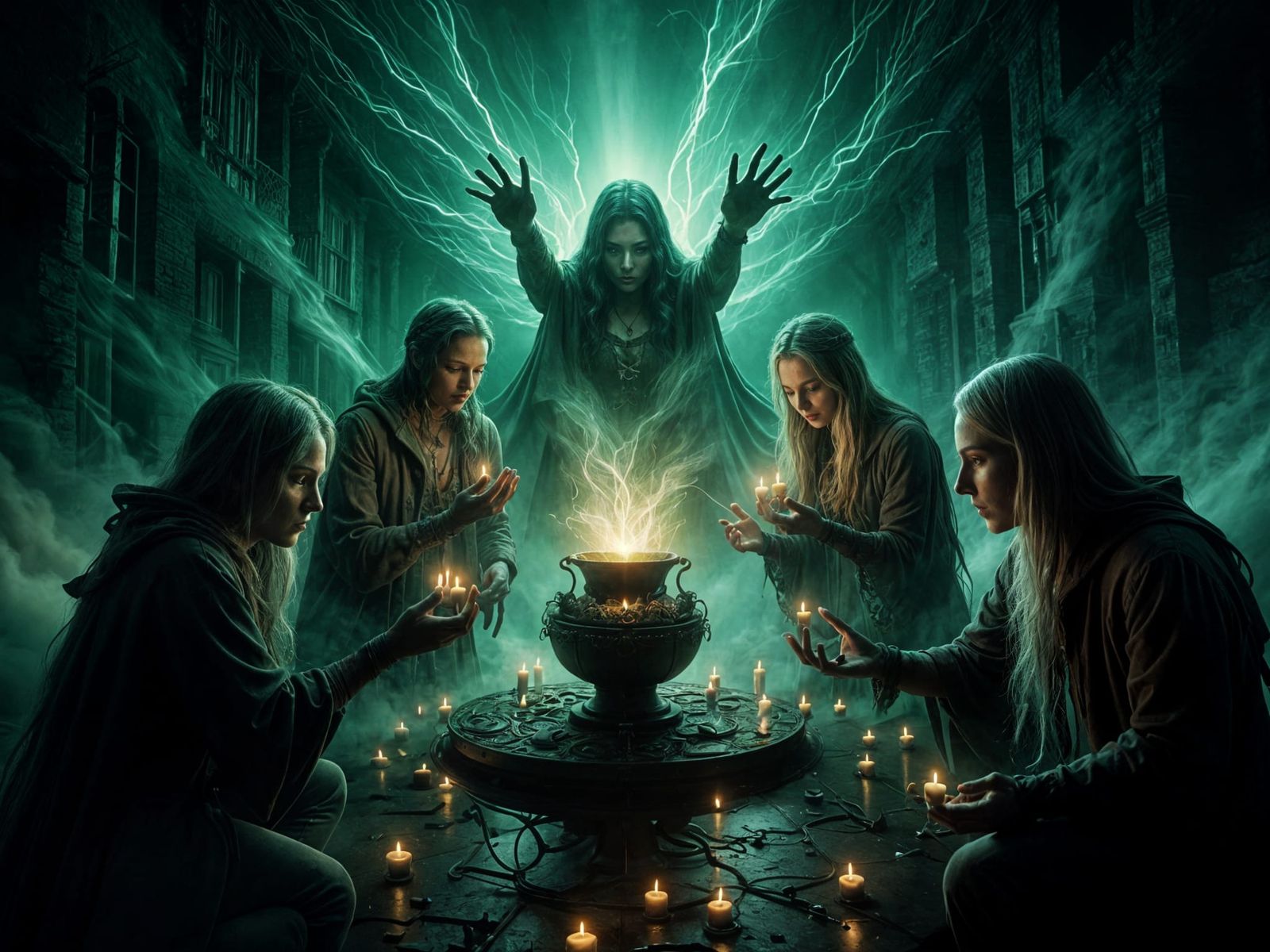 Witches Cast Dark Spell in Mysterious Green Glow