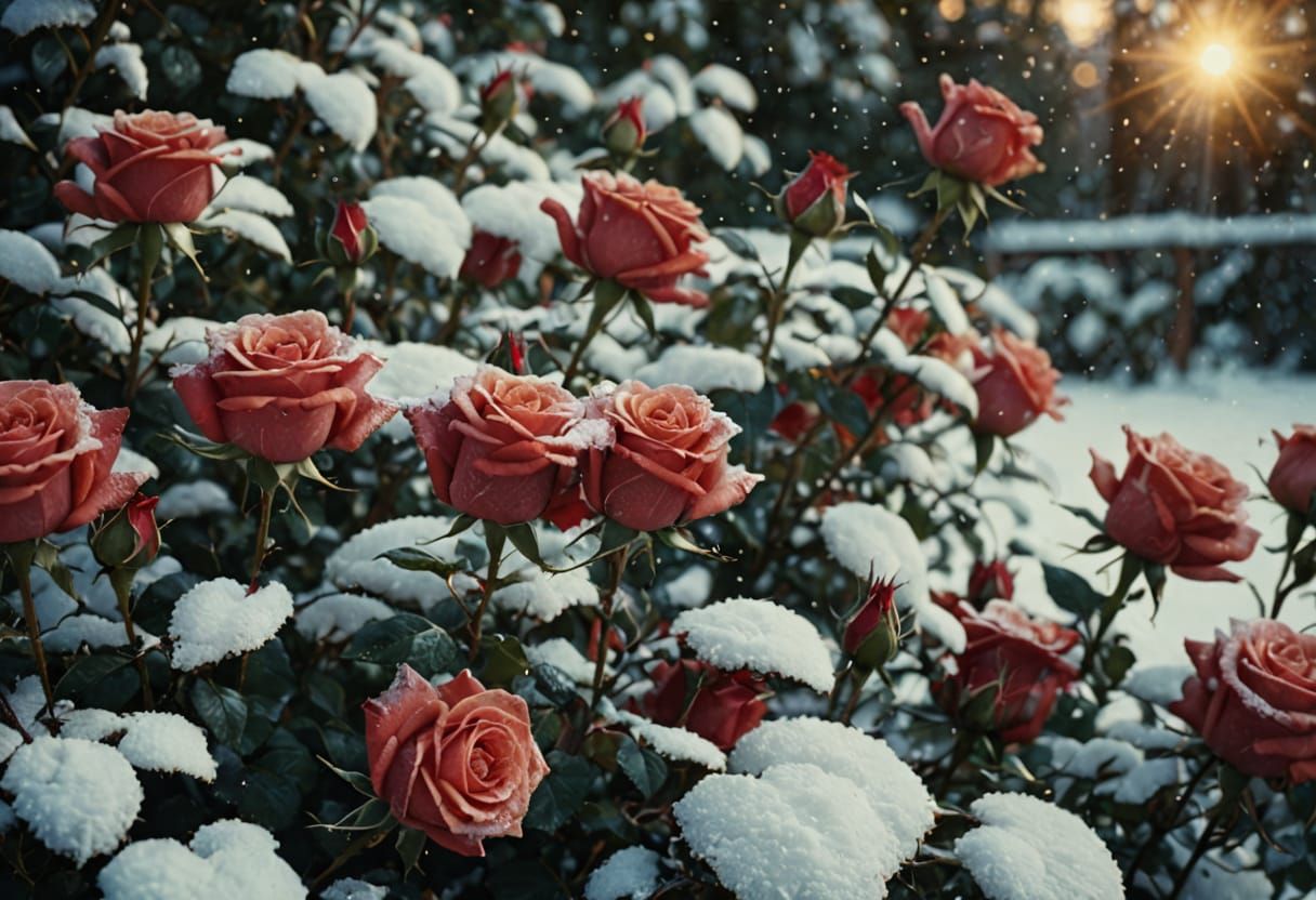 Vibrant Red Roses in Snowy Macro