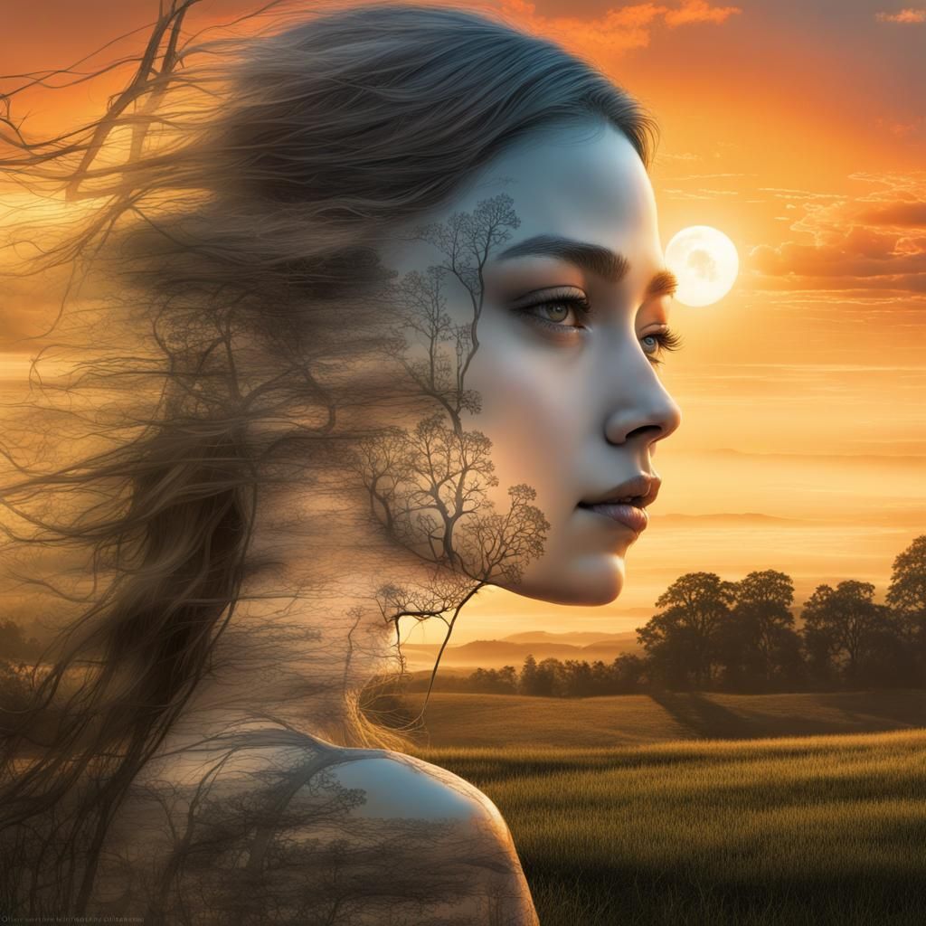 Ethereal Double Exposure: Haunted Sunset Fantasy