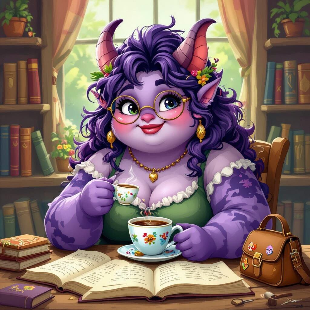 Charming Monster Teacher Enjoying Coffee, Digital Art