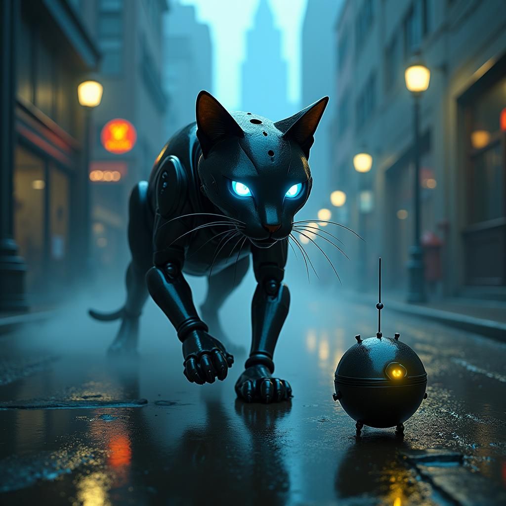 Robotic Cat Stalks Robot in Cyberpunk City Alley