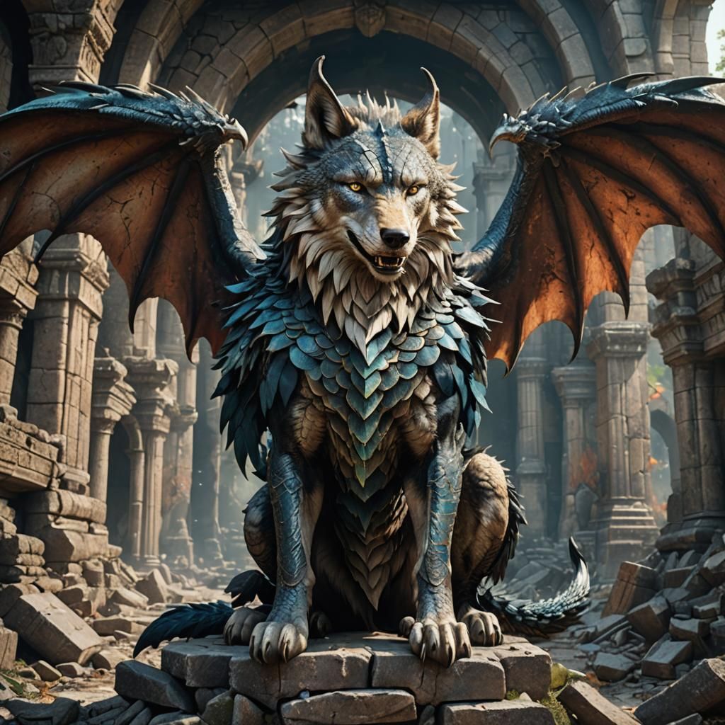 Wolf-Dragon Hybrid in Palace Ruins: Detailed Matte Painting