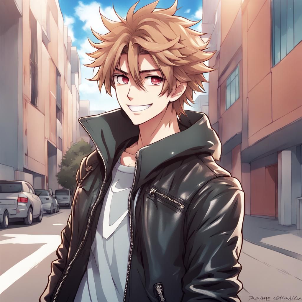Anime Teen Guy with Leather Jacket and Jordans