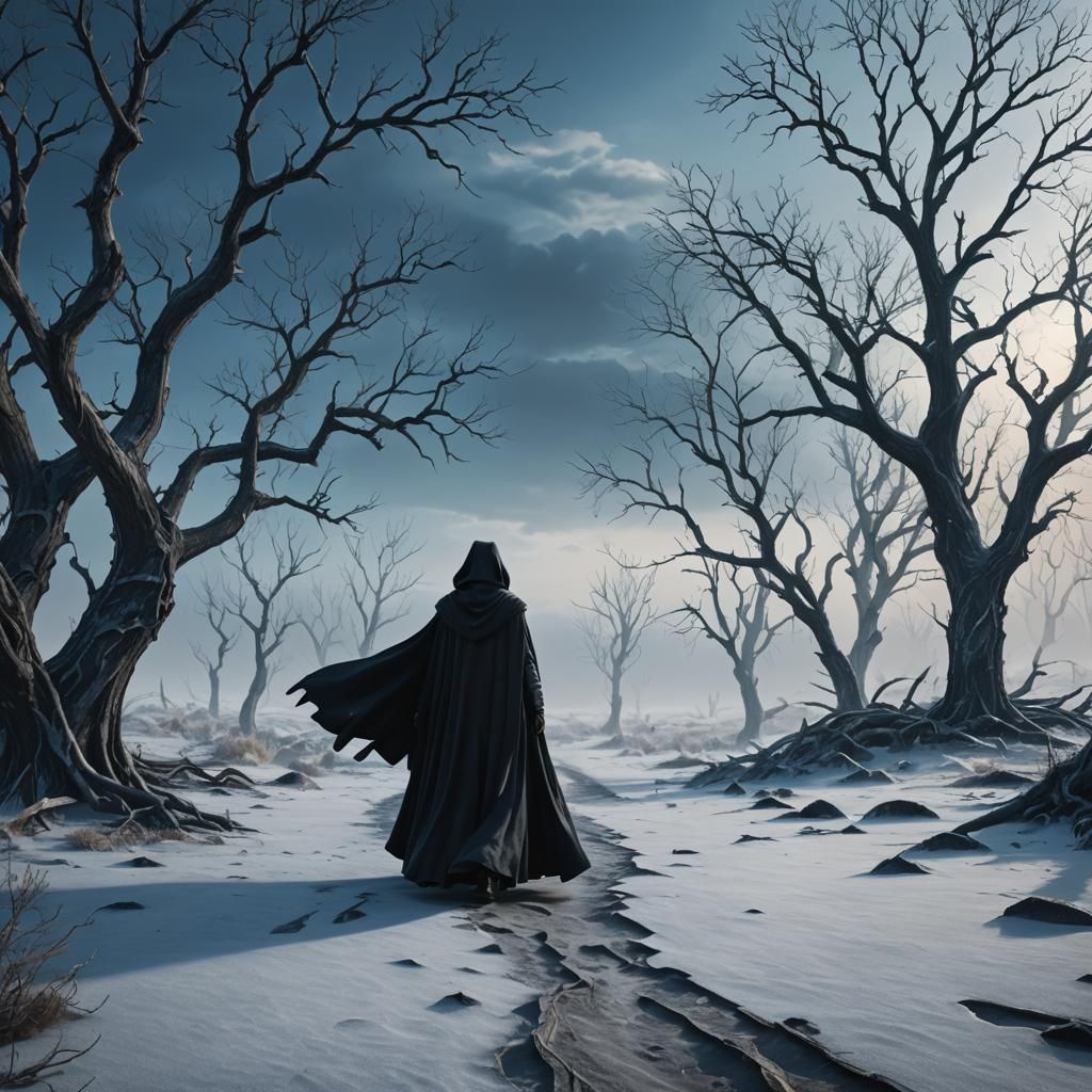 Mysterious Woman in Frozen Desert: Dark Fantasy Art
