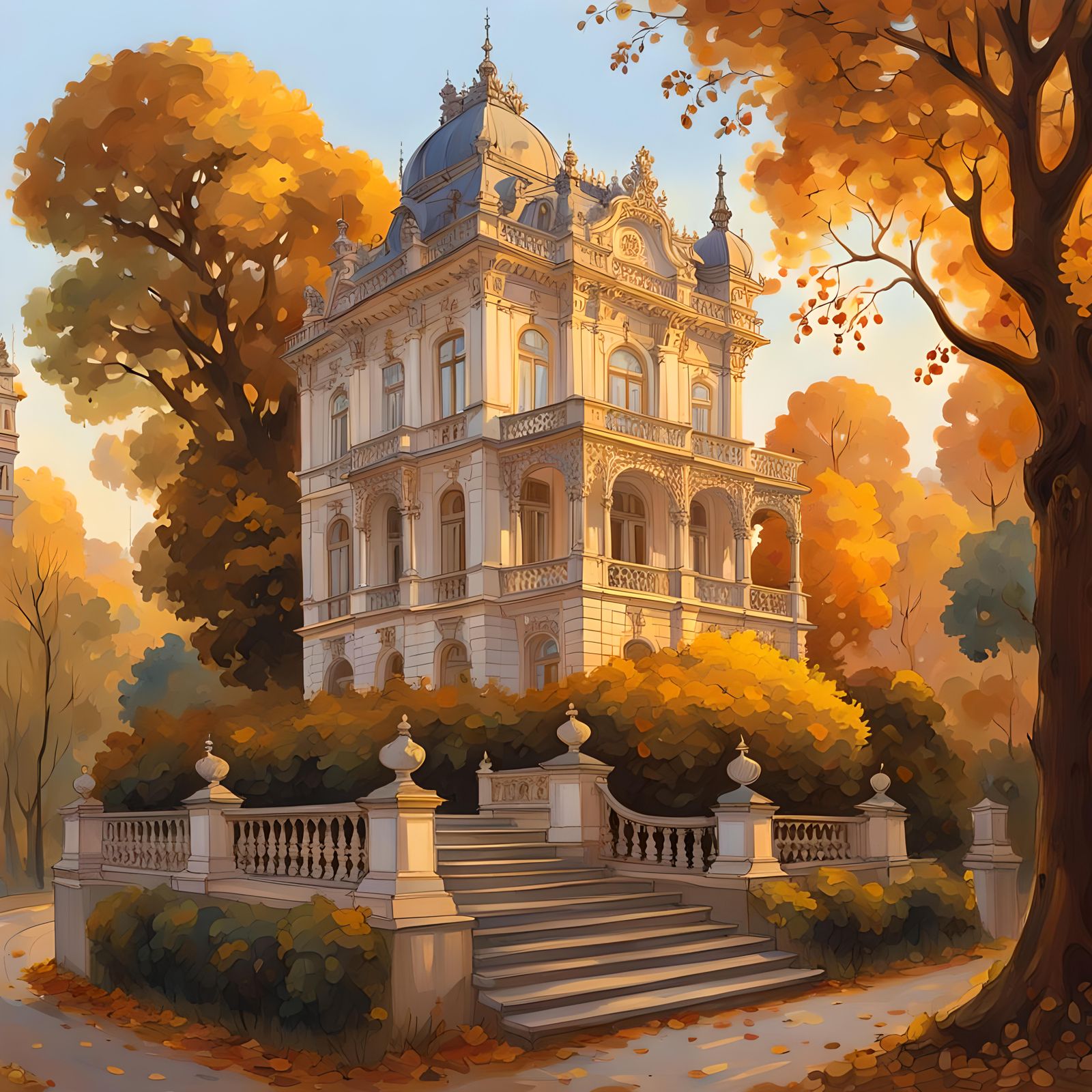 Rococo Hunting Lodge in Budapest, Klimt-Inspired Gouache