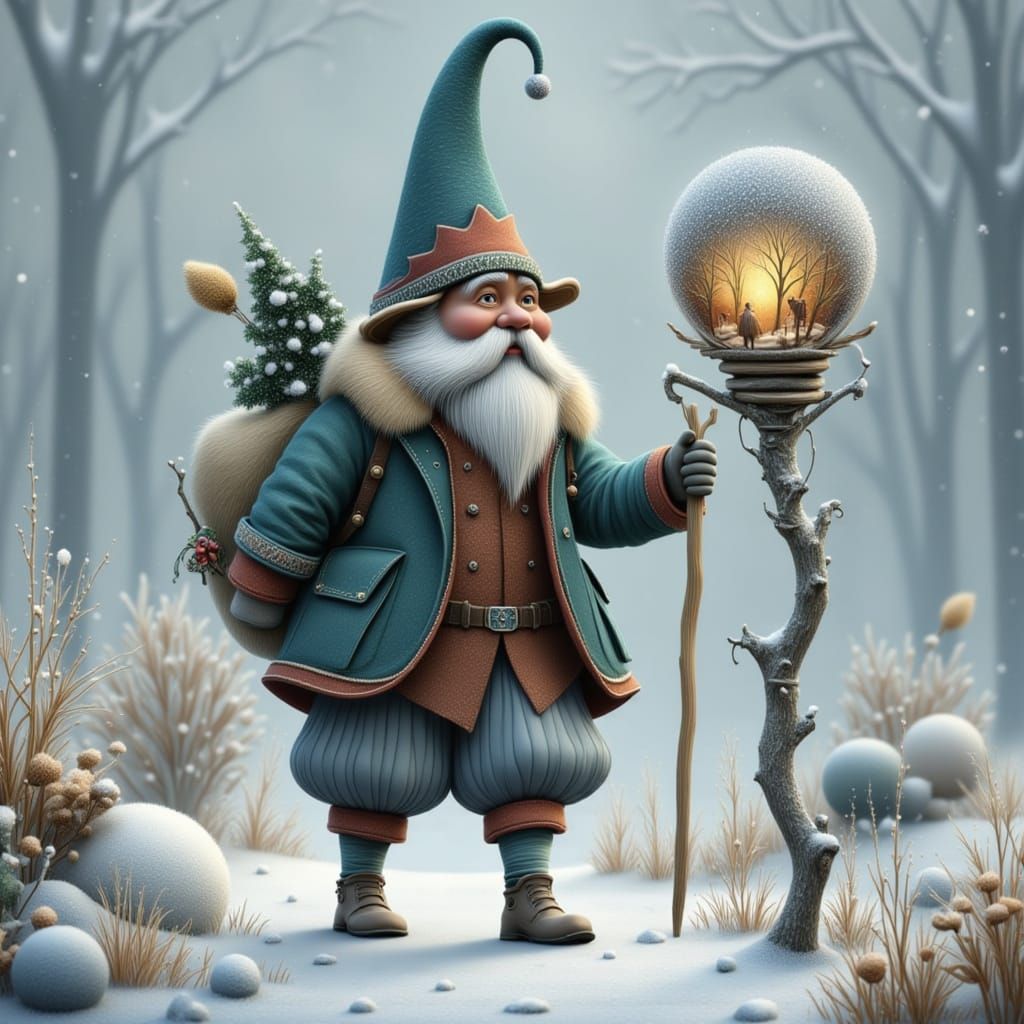 Whimsical Gnome with Frosted Orb Staff in Winter Meadow