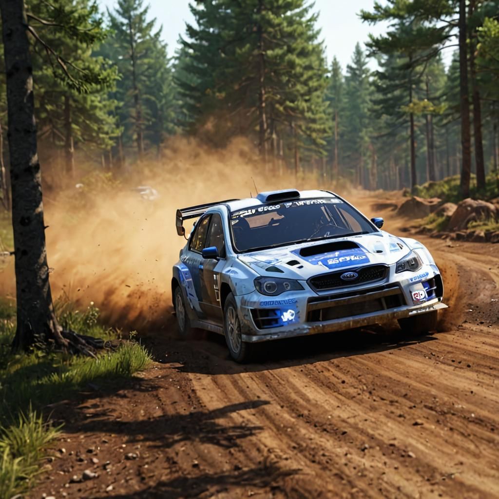 2007 Subaru WRX WRC Rally car drifting around a dirt track corner in the middle of the woods, dirt spraying from under t...