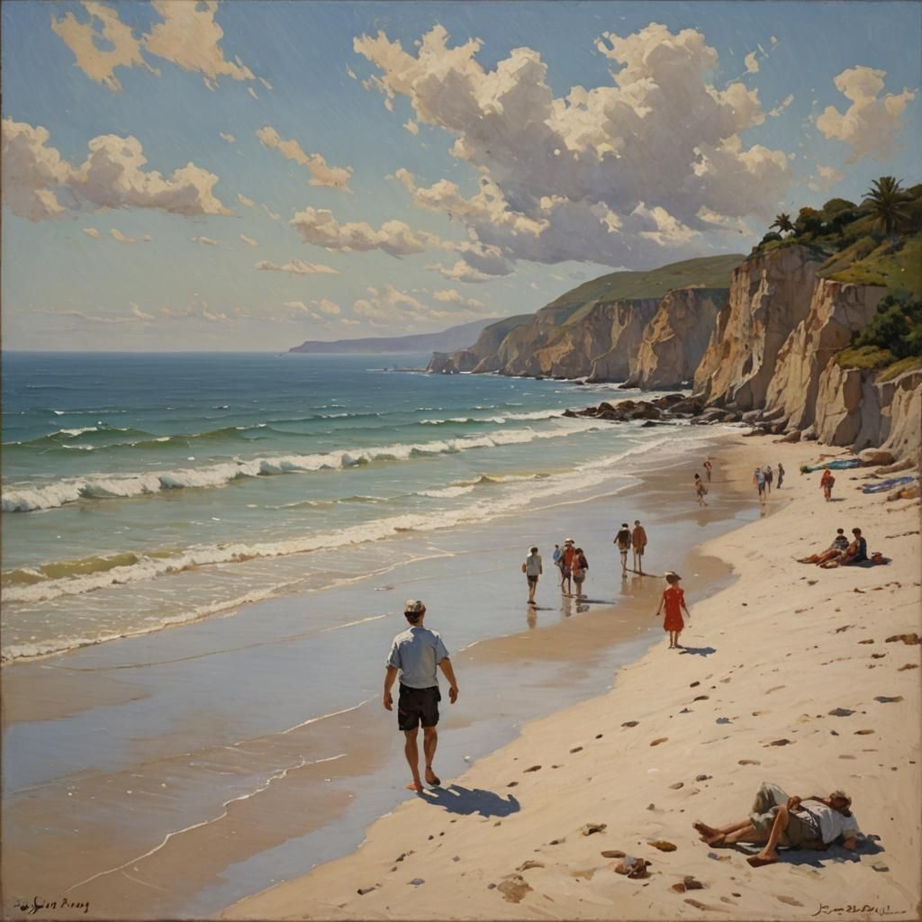 Idyllic Beach Scene in Oil Painting Style