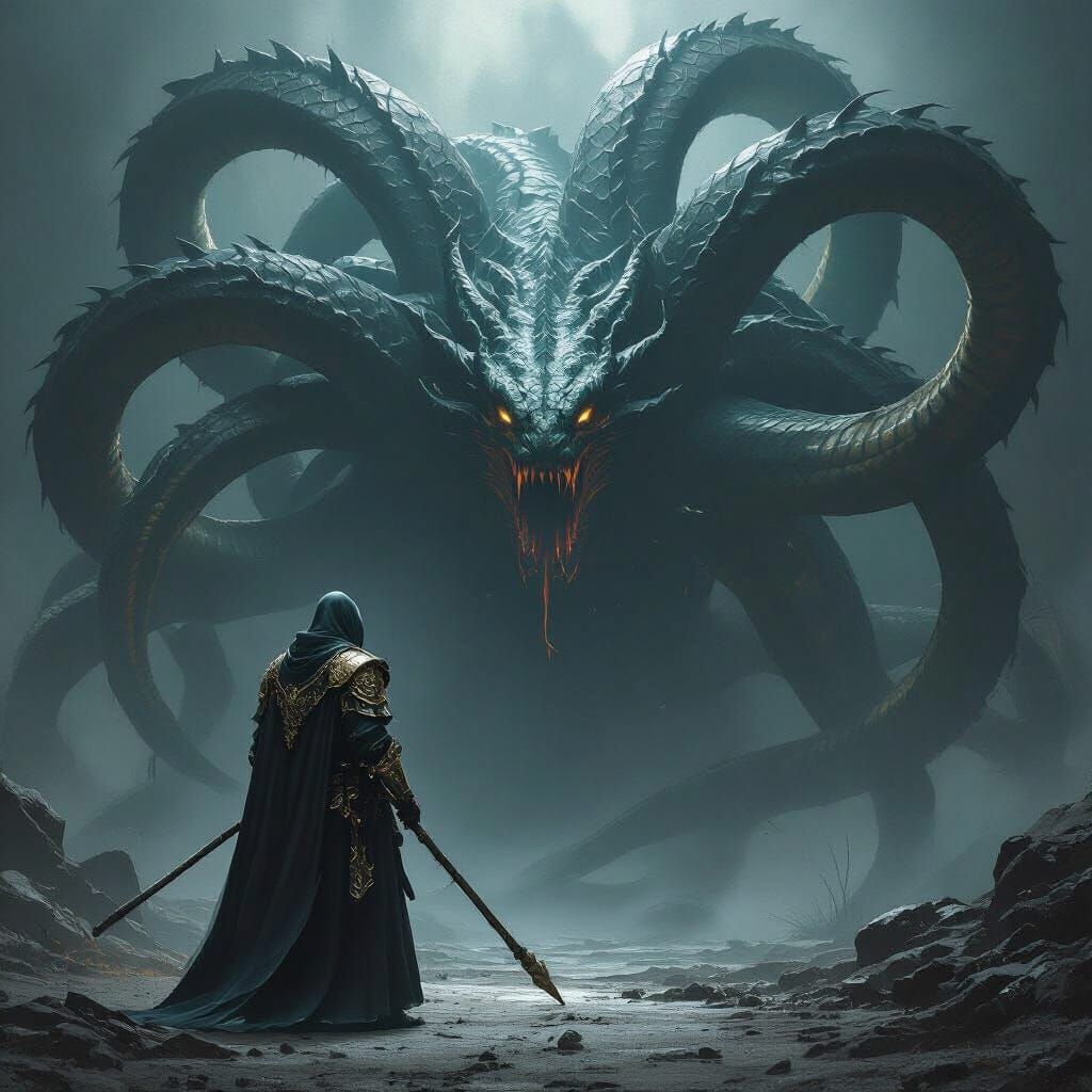 Armored Monk Confronts Hydra in Gritty Dark Art Style