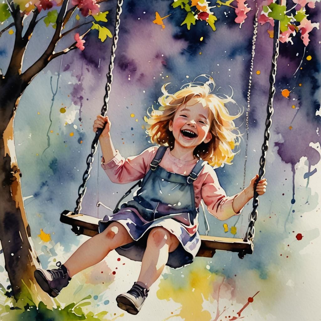 Happy Girl on Swing in Watercolor Style