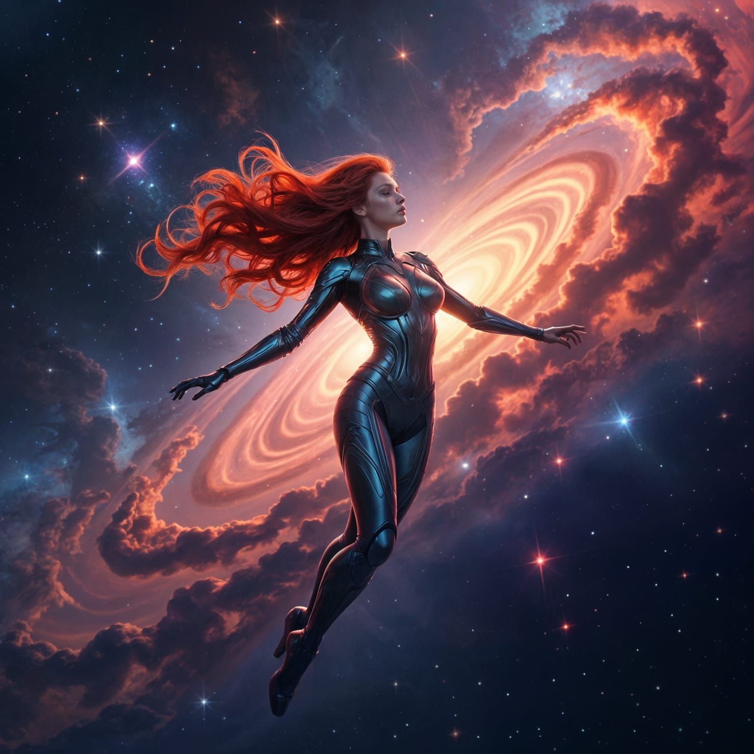Red Haired Goddess Soars Through Cosmic Nebula