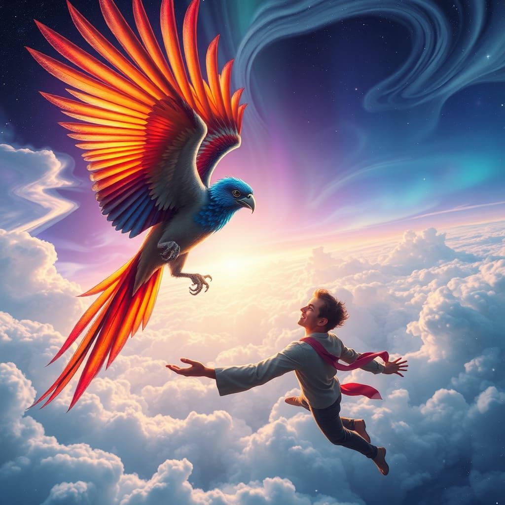 Man Soaring with Iridescent Bird in Dreamlike Sky