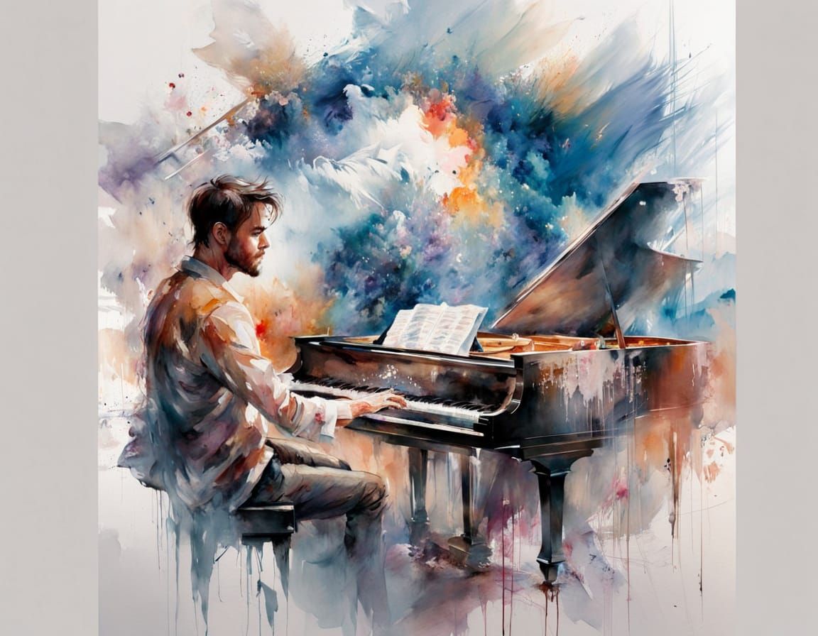 Man Plays Grand Piano in Expressive Watercolour Style