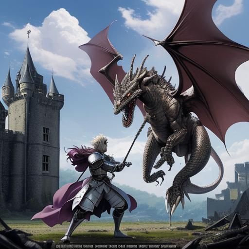 Anime Knight Dragon Battle Before Crumbling Castle