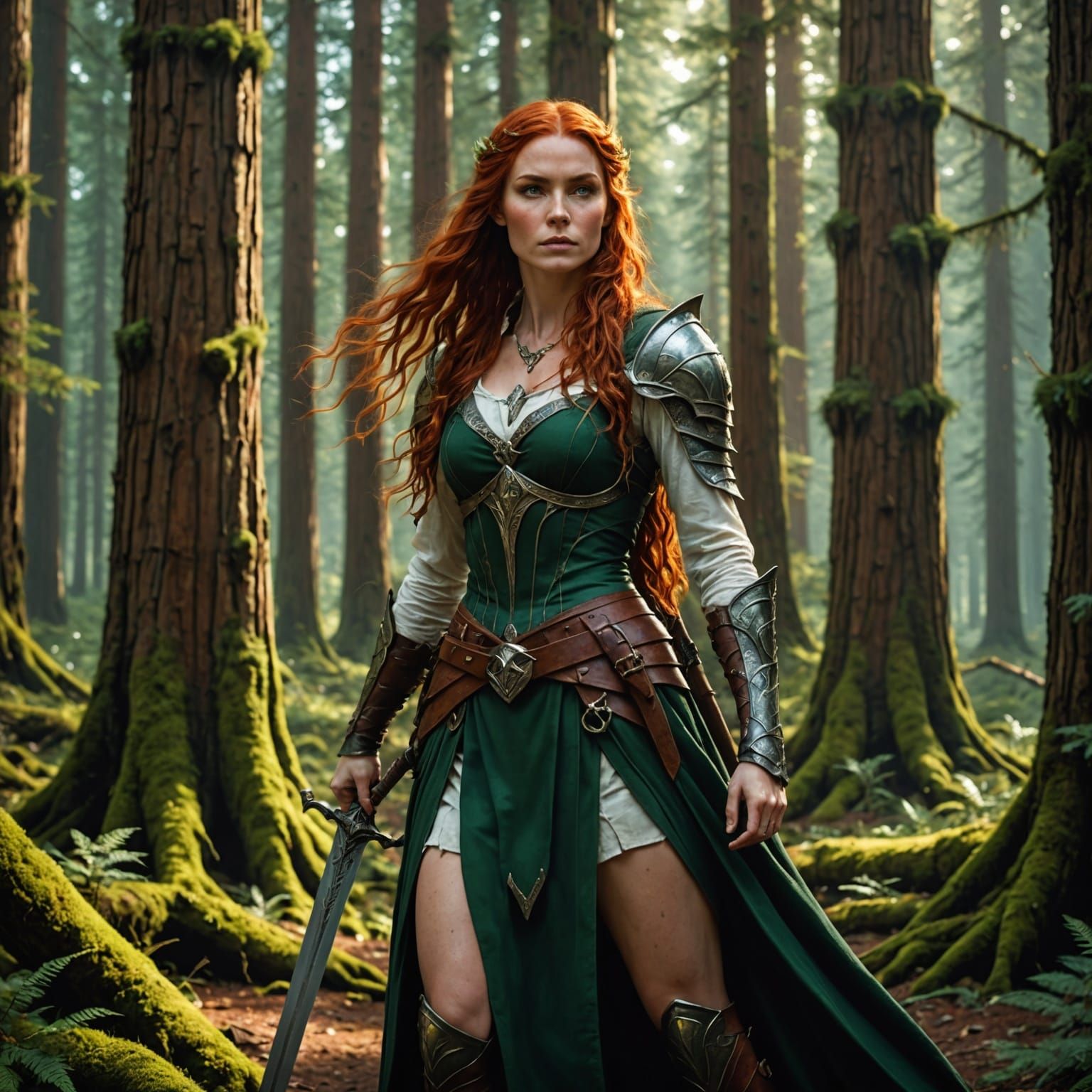 Ethereal Elven Warrior in a Redwood Forest