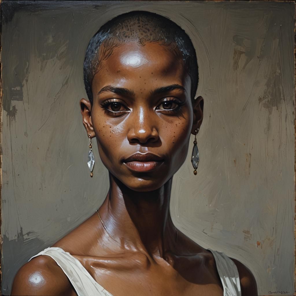 Elegant Black Woman with Shaved Head: Oil Painting
