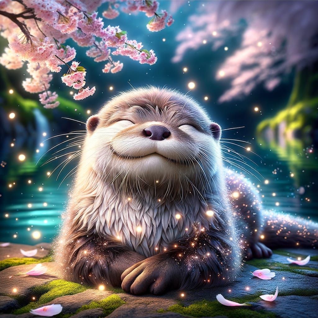 Hyper-Realistic Otter Amidst Sakura Petals in White Ambiance