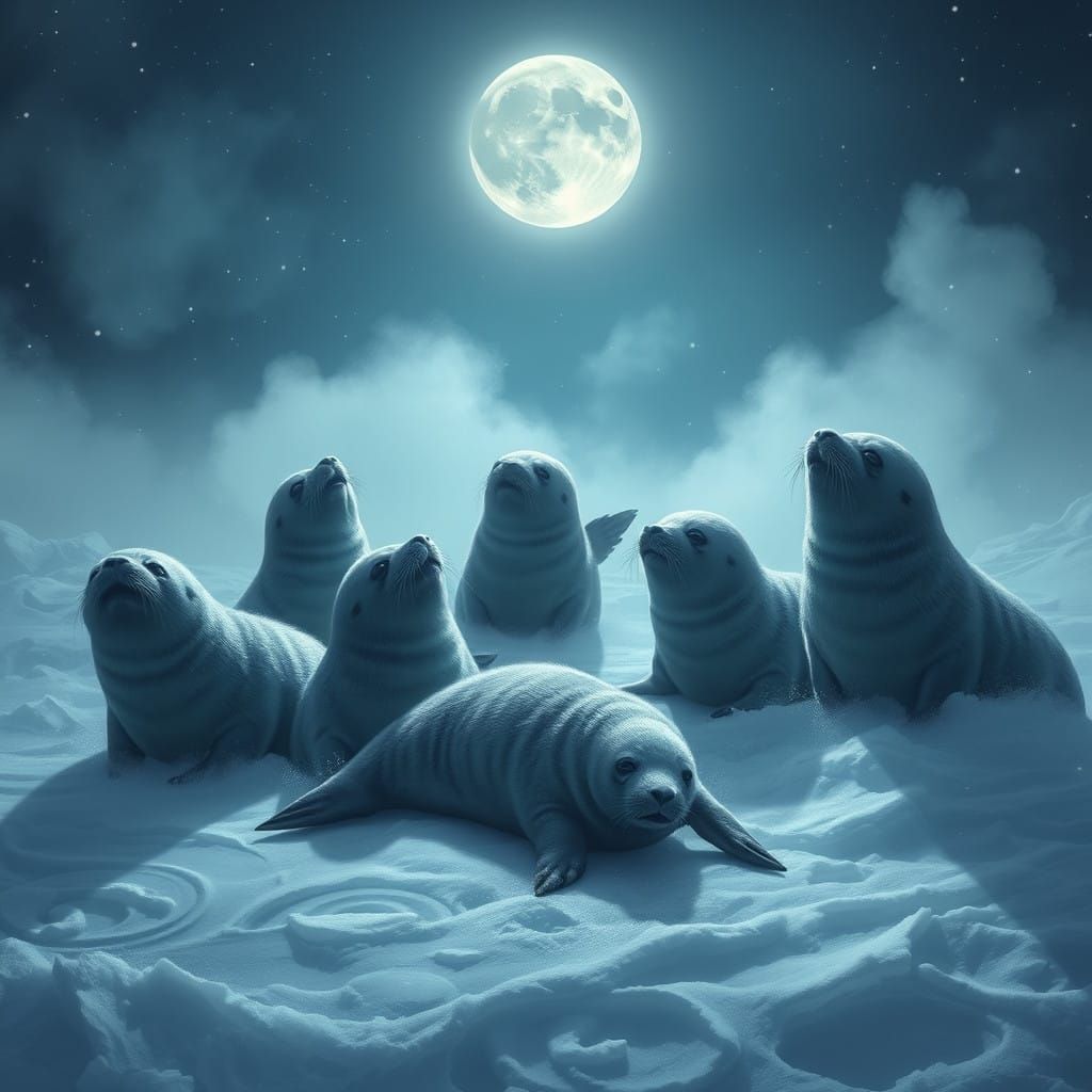 Cuddly Seals in Enchanted Winter Wonderland, Mystical Fog, F...