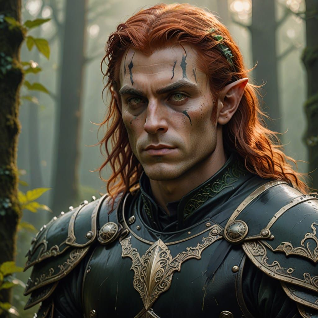 Ethereal Male Elf in Black Leather Armor, Set Against a Mist...