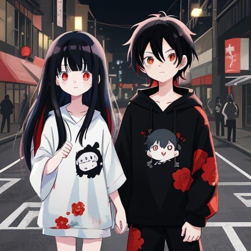 Anime Couple in Floral Hoodies Under Streetlights