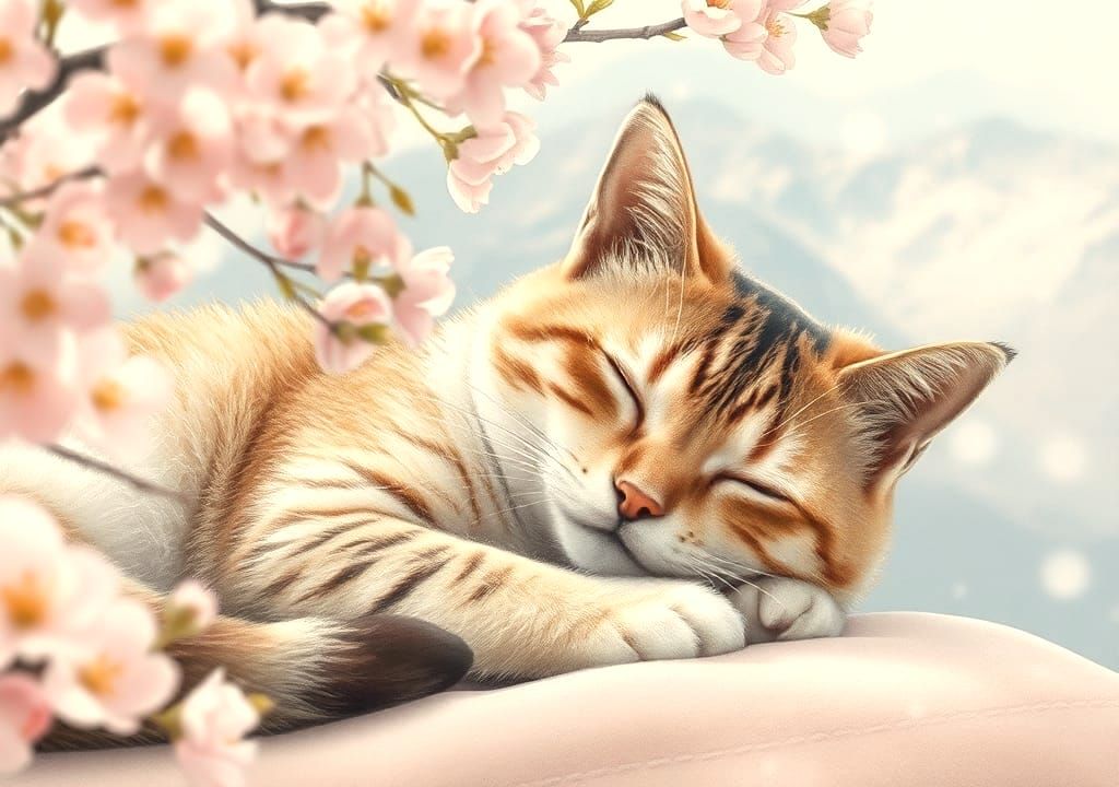 Sleeping Tabby Cat in Watercolor Style