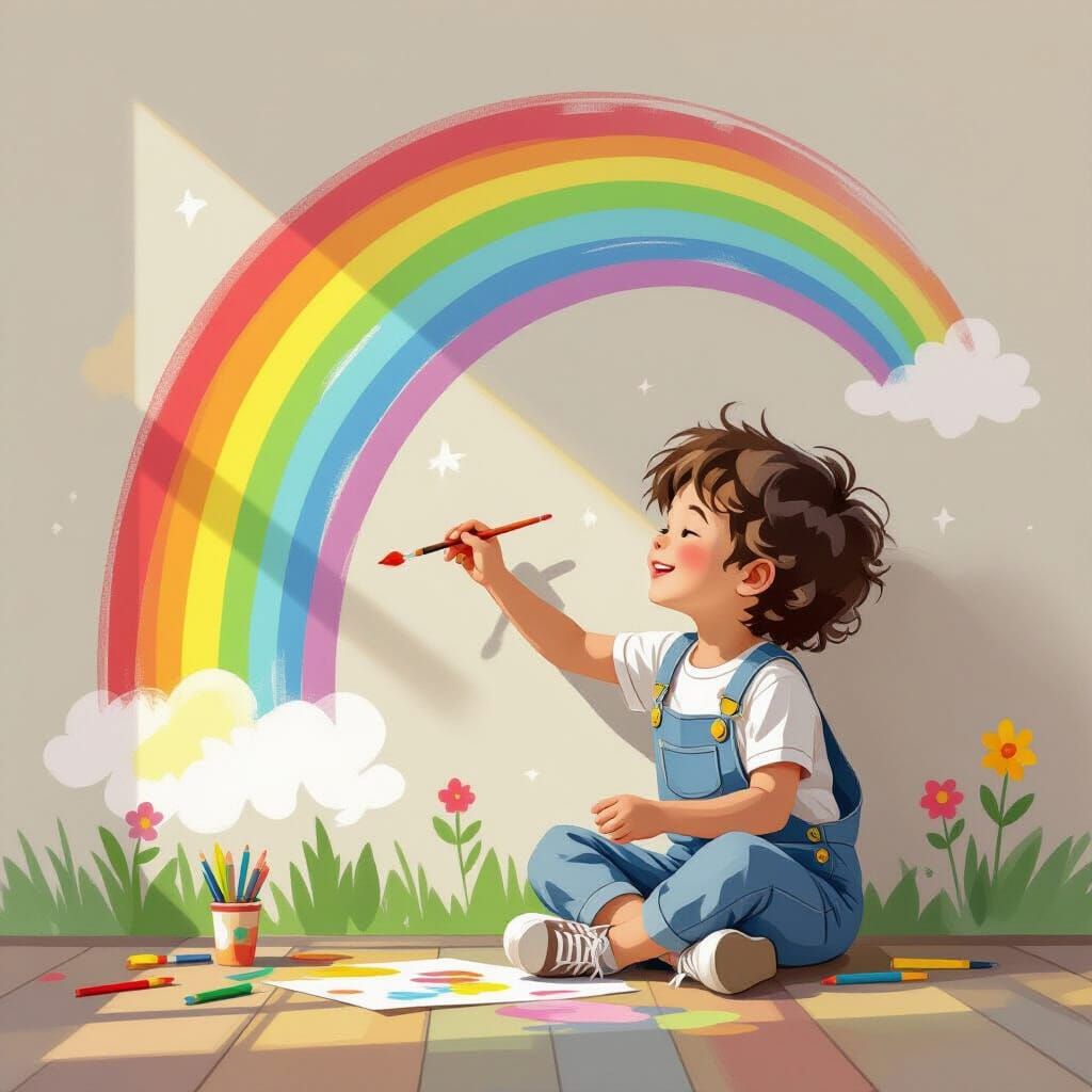 Child Illustrates Vibrant Rainbow on Textured Wall