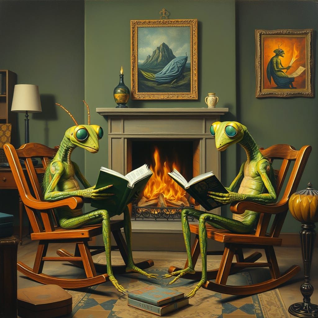 Claymation Mantises Reading in Surreal Living Room